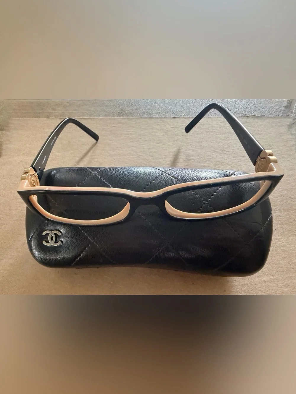 CHANEL Black Frames with Tan Inner Trim and Gold Flower with emblem on temples